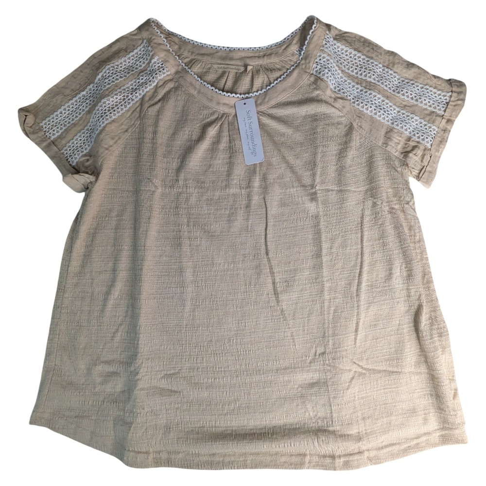 Soft Surroundings Tan Crochet Lace Trim Short Sleeve Top NWT Size XL